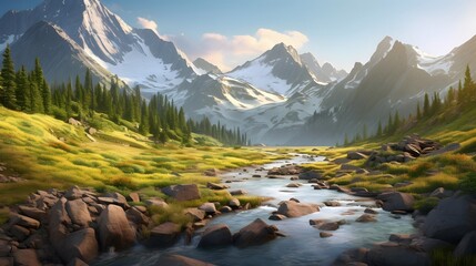 Panoramic view of beautiful alpine landscape with mountain river in the foreground.