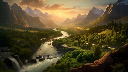 Gardinen Beautiful panorama of a mountain river in the mountains at sunset © Iman