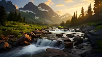  Mountain river at sunset in the mountains. Panoramic image. © Iman