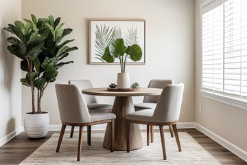 Coastal Dining Oasis: Desert Plant and Rug Accents, Round Table, Light Decor