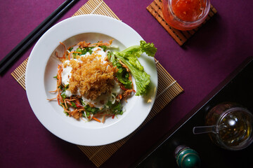 Crab Salad served on a white plate, social media post, food photography, fine dining, purple background, restaurant menu, Healthy, lifestyle, diet, vegan, delicious, chopstick