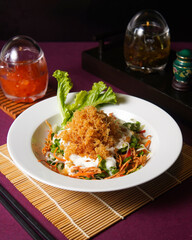 Crab Salad served on a white plate, social media post, food photography, fine dining, purple background, restaurant menu, Healthy, lifestyle, diet, vegan, delicious, chopstick