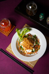 Crab Salad served on a white plate, social media post, food photography, fine dining, purple background, restaurant menu, Healthy, lifestyle, diet, vegan, delicious, chopstick