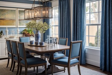 Blue Curtains Coastal Dining Room with Nautical Color Schemes and Vintage Stone Fountains