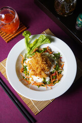 Crab Salad served on a white plate, social media post, food photography, fine dining, purple background, restaurant menu, Healthy, lifestyle, diet, vegan, delicious, chopstick