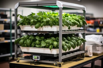 A multi-level grow rack system for indoor farming of leafy greens and herbs with LED lighting. Ideal for small-scale farmers or individuals looking to grow produce at home.