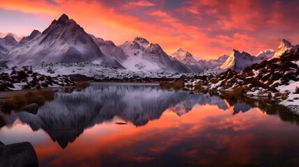 Beautiful panoramic view of snowy mountains at sunset with reflection in water