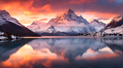 panorama of snowy mountains and lake at sunset, Iceland, Europe