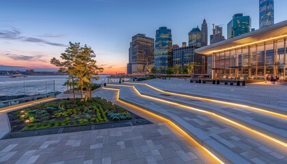 Obraz premium Urban contrasts empty pedestrian walkway contrasting with vibrant cityscape in background.