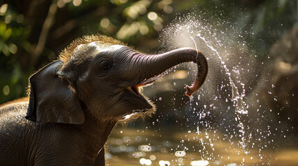 A playful baby elephant spraying water - obrazy, fototapety, plakaty