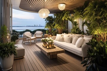 Fototapeta premium Modern Coastal Living: Gold and Crystal Chandeliers, Smart Furniture, and Urban Garden Balcony Ideas.