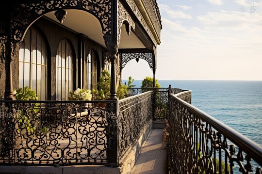 Seaside Sanctuary: Ornate Ironwork Coastal Home with Intricate Iron Balconies