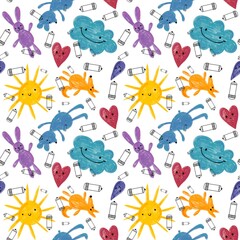 Cartoon scribble animals seamless bears and rabbit and fox and sun and clouds pattern for wrapping paper and kids