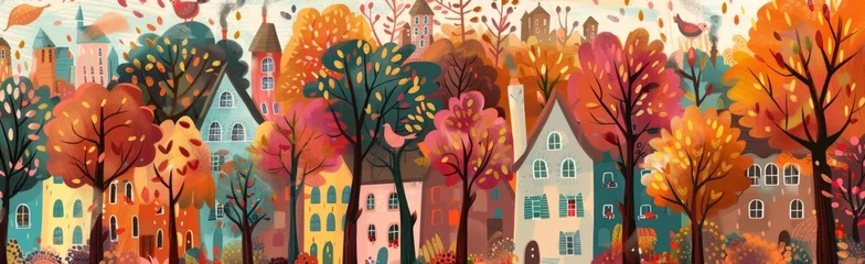 Foto op Plexiglas painting of autumn forest with cities Generative AI © SKIMP Art
