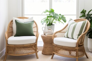 Coastal Vinyl Seat Furnishings and Rattan Decor with Green Plant Accents