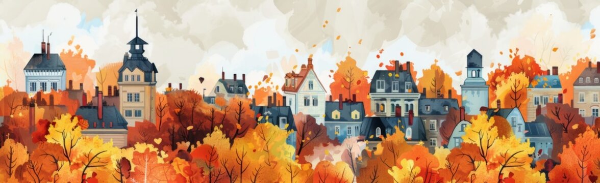 watercolor fall cityscape Generative Ai