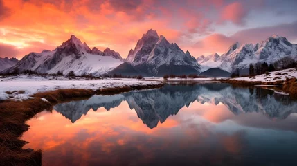  Panoramic view of snow-capped mountain peaks reflected in lake at sunset © Iman