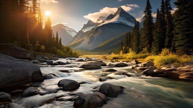 Panoramic view of the mountain river in the Canadian Rockies at sunset