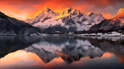Fototapeta na wymiar Panoramic view of snowy mountains reflected in lake at sunset.