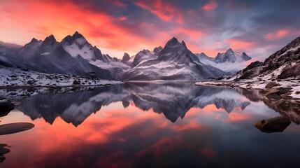 Beautiful panoramic view of snowy mountains reflected in a lake at sunset