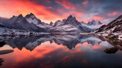 Zelfklevend Fotobehang Beautiful panoramic view of snowy mountains reflected in a lake at sunset © Iman