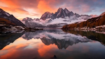 Gardinen Panoramic view of snow-capped mountains and lake at sunset © Iman