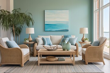 Nautical Coastal Living Room: Rattan Furniture & Driftwood Decor