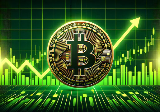 Bitcoin logo with a vibrant green graph in the background, illustrating a bullish market trend with a clear uptrend