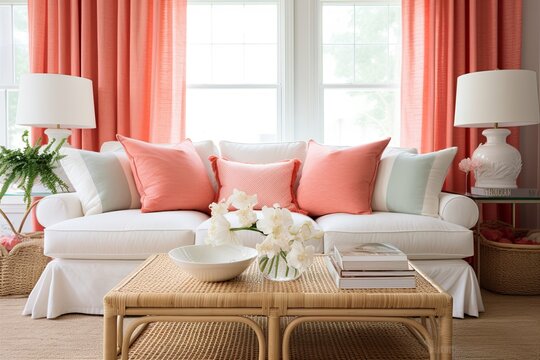 Coastal Chic: Coral and Seashell Living Room with Rattan Sofa and White Drapes