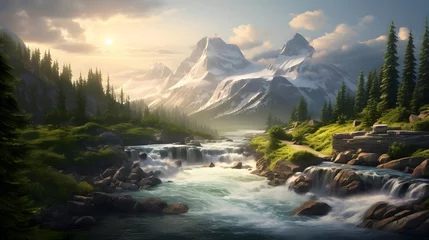 Gardinen Panoramic view of a mountain river in the forest at sunset © Iman