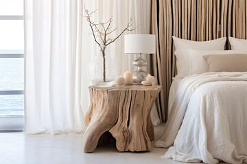 Coastal Mediterranean Bedroom: Tree Stump Nightstands, White Drapes & Oceanic Decor