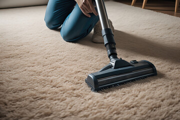 Sprzątanie domu, czyszczenie podłogi odkurzaczem.