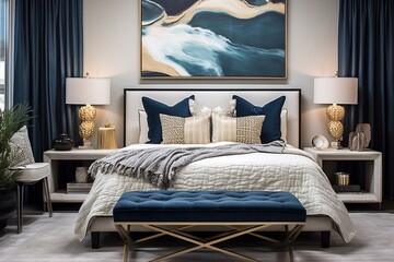 Nautical Retreat: Luxurious Velvet Bedding and Woven Wall Hangings in Coastal Color Schemes
