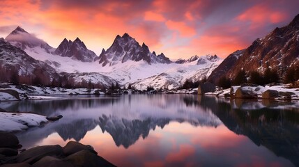 Beautiful panoramic view of snowy mountains reflected in the lake
