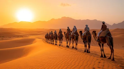 Zelfklevend Fotobehang smiling children riding their camels traveling in the UAE desert in a sunny morning © Salsabila Ariadina