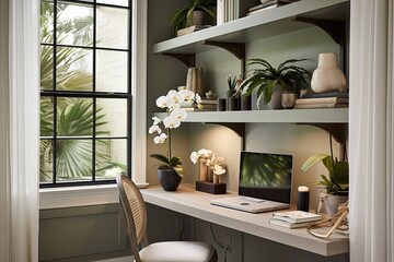 Coastal Style Home Office: Lush Fern and Orchid Wall-Mounted Shelves Accents