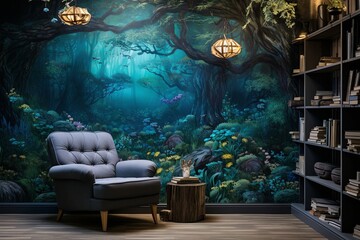 Obraz na płótnie Canvas Enchanted Coastal Style Home: Forest Wall Murals, Blue Streams & Woodland Creatures