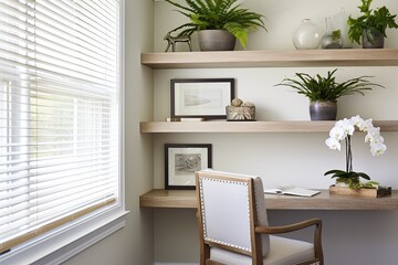 Coastal Style Home Office: Wall-Mounted Shelves with Luxe Fern and Orchid Accents