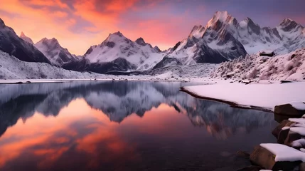 Fotobehang Beautiful winter panorama with frozen lake and snowy mountains at sunset © Iman