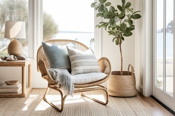 Earthy Coastal Home Retreat: Rattan Chair, Rugs, and Sunny Window Corner