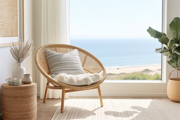 Coastal Chic: Woven Wall Hangings, Rattan Chair, and Sunny Window Corner in Stylish Room - obrazy, fototapety, plakaty