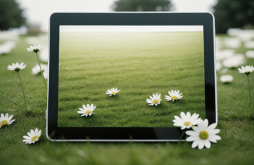 Spring background, tablet in the meadow.