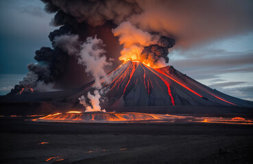 Wybuch wulkanu, gorąca lawa, tło zagłady.
