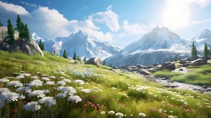 Panoramic view of alpine meadow with flowers and mountains - obrazy, fototapety, plakaty