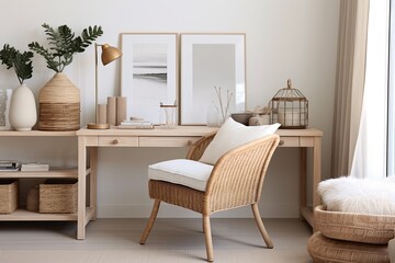 Fototapeta na wymiar Rattan Lamp Coastal Vibe Living Room: Clutter-Free Desk Inspirations with Soft Light