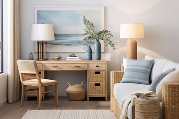 Coastal Vibe Living Room: Clutter-Free Desk Inspirations with Rattan Lamp and Soft Light