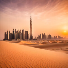 Fototapeta na wymiar Witness the magic of AI: A breathtaking vista emerges as the Dubai skyline emerges from the golden sands of the desert, bathed in the warm glow of the setting sun, an emblem of architectural marvel se