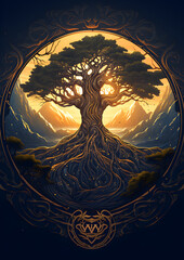 Yggdrasil tree logo - central sacred tree in Norse cosmology, viking mythology, 