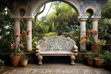 Fototapeta na wymiar Majestic Coastal Villa Garden: Ornate Benches, Wave-Patterned Tiles, Rustic Stonework Bliss