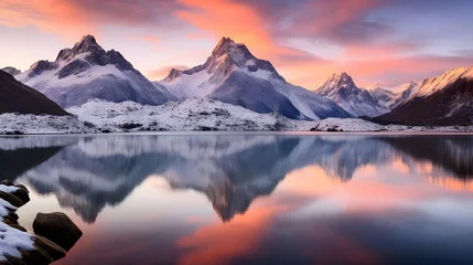 Selbstklebende Fototapeten Beautiful panoramic view of snowy mountains reflected in lake at sunrise © Iman